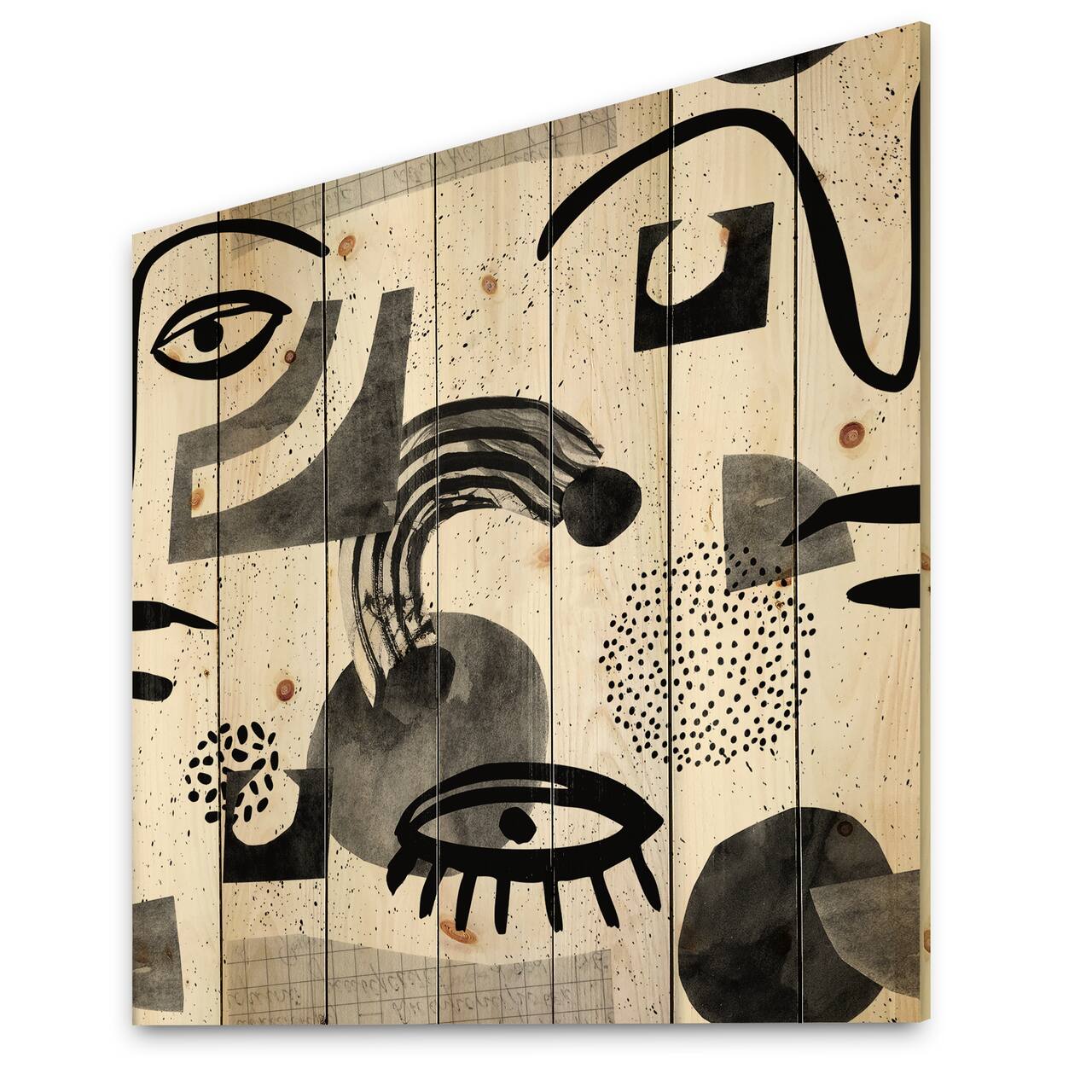 Designart - Collage of Eyes & Doodles In Contemporary Style II - Modern Print on Natural Pine Wood